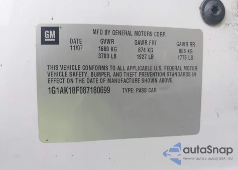 2008 Chevrolet Cobalt Ls z USA, uszkodzony, nr VIN 1G1AK18F087180699